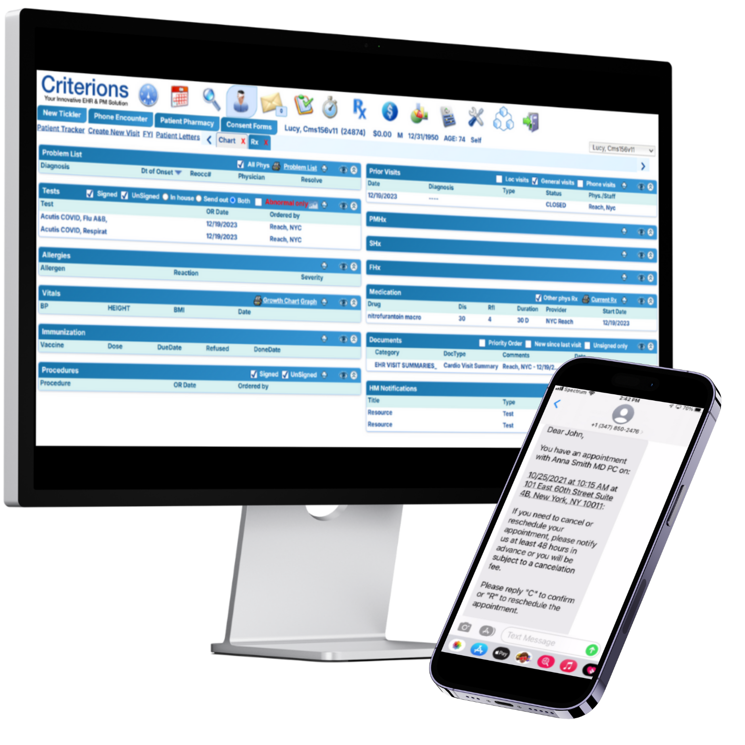 Criterions EHR chart showing problem list, vitals, medications, and prior visits
