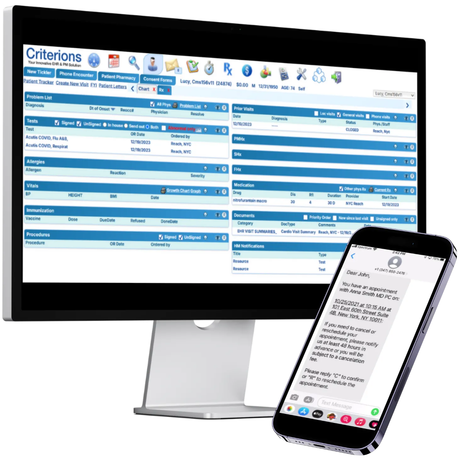 Criterions EHR chart showing problem list, vitals, medications, and prior visits
