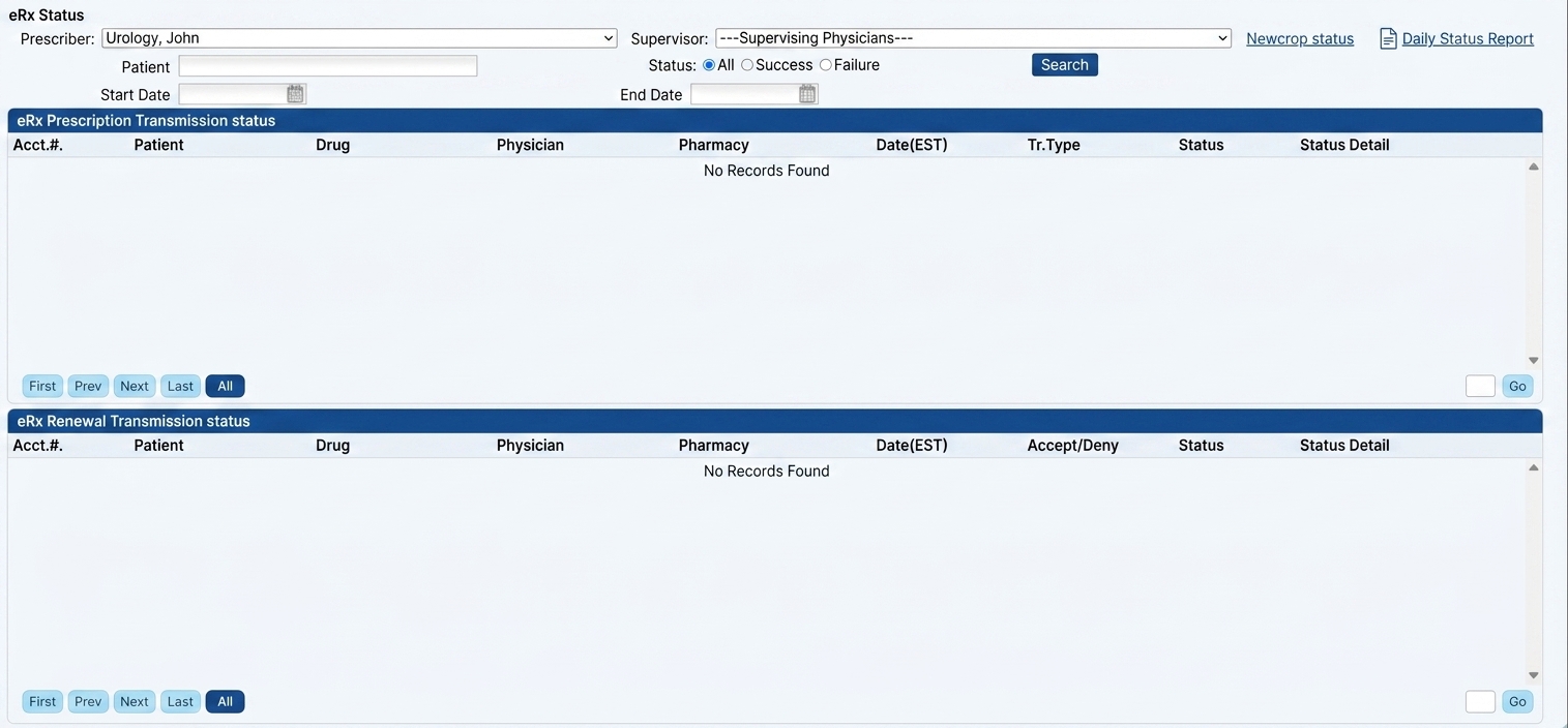 Criterions eRx status screen showing prescription and renewal transmission tracking