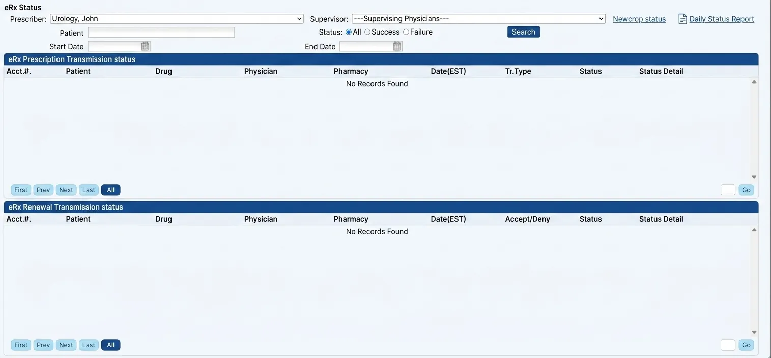 Criterions eRx status screen showing prescription and renewal transmission tracking