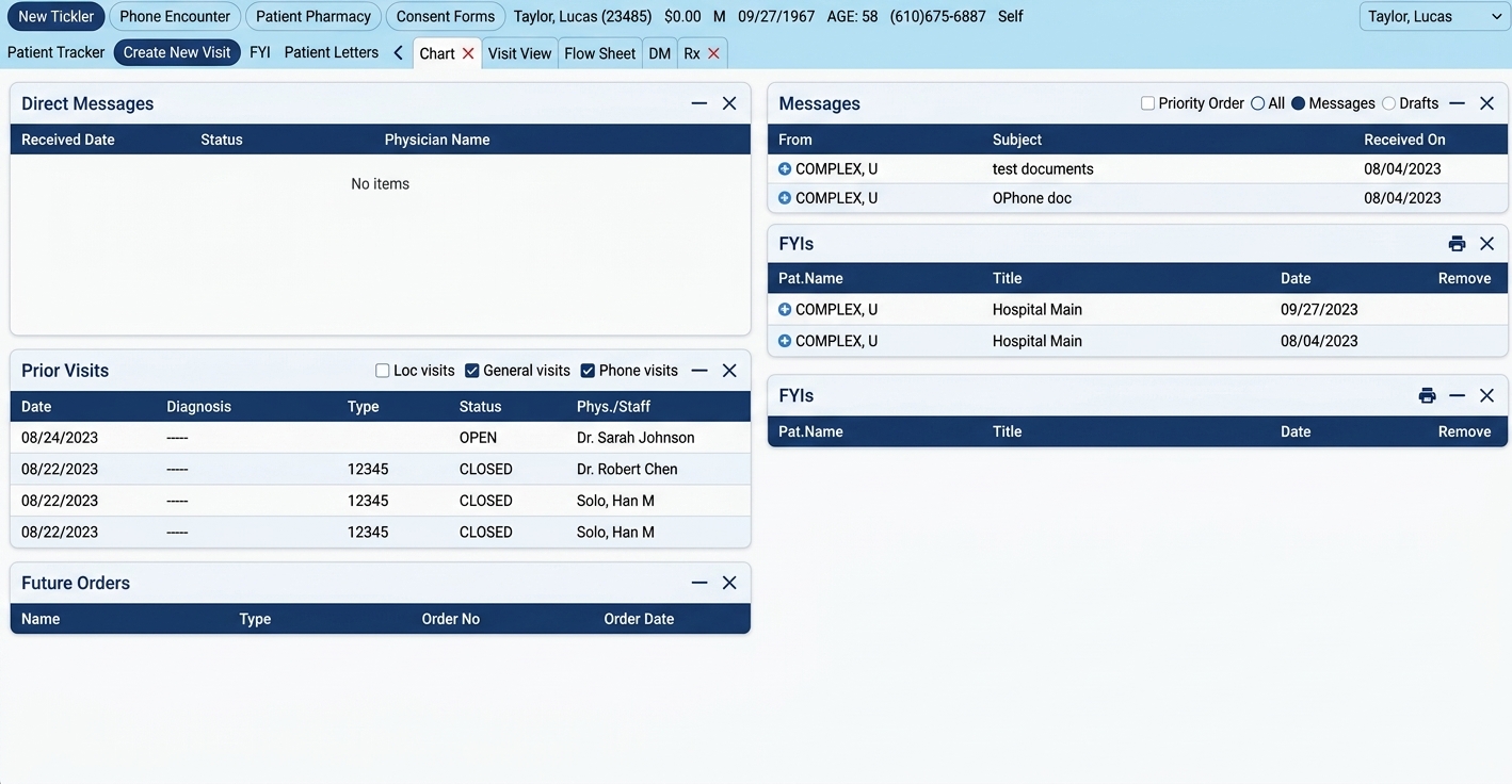 Criterions EHR patient clinical chart showing direct messages, prior visits, and future orders