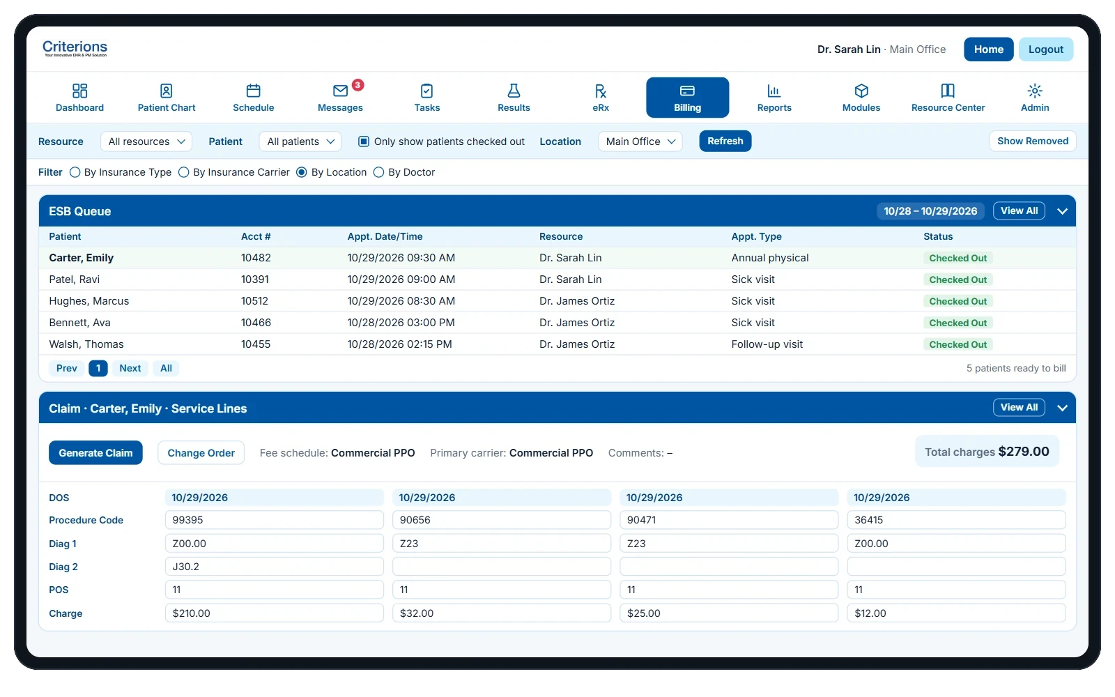 Criterions ESB claims queue listing checked-out patients and a claim's service lines ready to generate