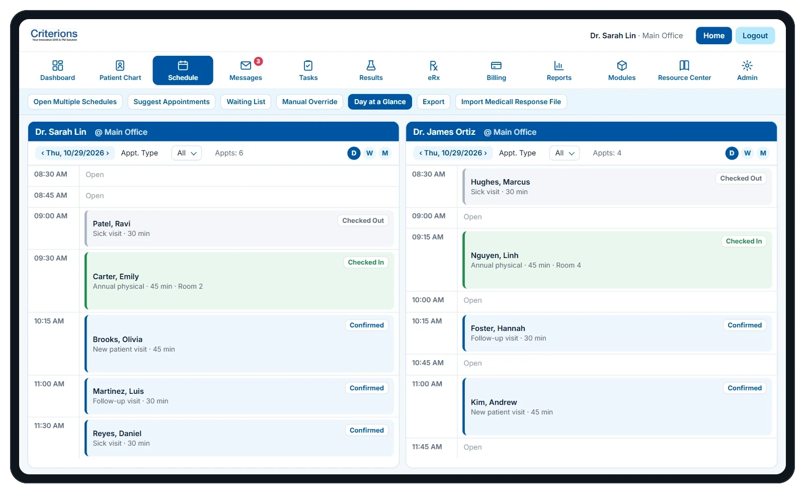 Criterions scheduler day view with two providers' appointments marked Checked Out, Checked In and Confirmed