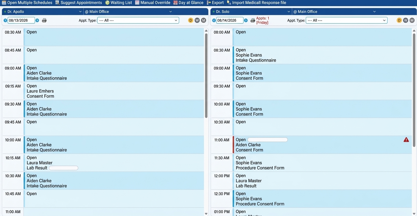 Criterions scheduler showing provider appointment slots and patient status