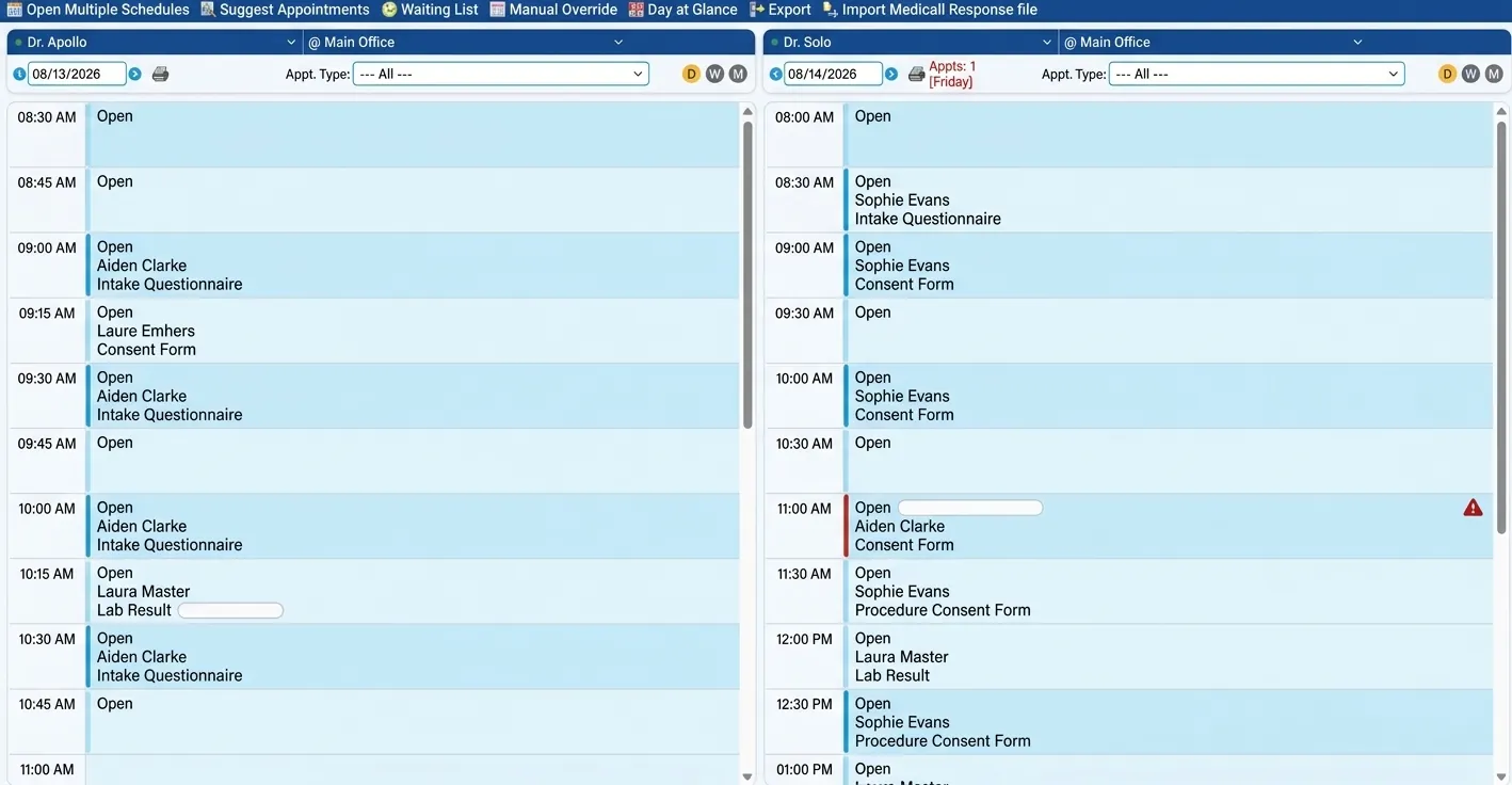 Criterions scheduler showing provider appointment slots and patient status